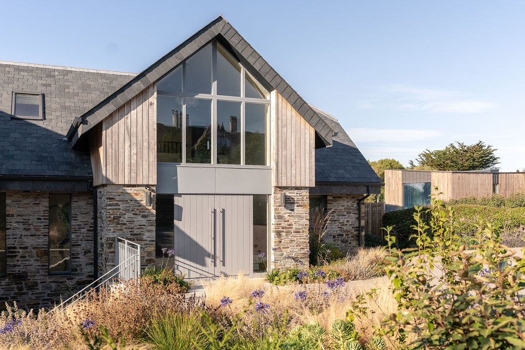 Cornish stone and oak elevation in the landscaped garden